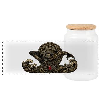 Mechanical Whale with Knots and Red Crystal - Panoramic Cookie Jar with Wooden Lid - white - Front