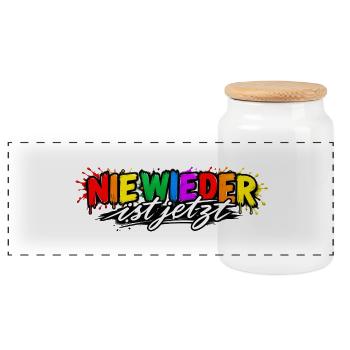 Nie Wieder ist Jetzt Graffiti - Panorama Keksdose mit Holzdeckel - Weiß - Vorne