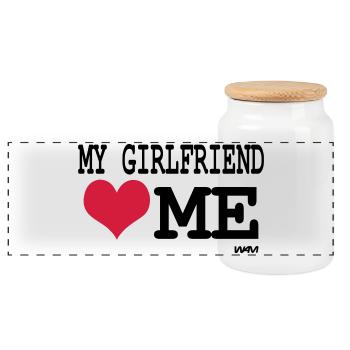 My girlfriend loves me - humour de couple - Boîte à biscuits avec couvercle en bois - blanc - Devant