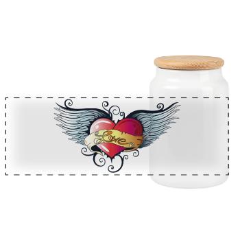 Big heart with wings, Tattoo Style. - Panoramic Cookie Jar with Wooden Lid - white - Front