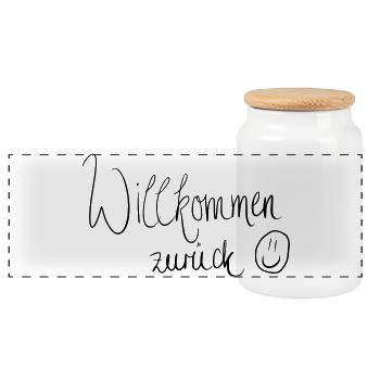 Willkommen zurück :) - Panorama Keksdose mit Holzdeckel - Weiß - Vorne