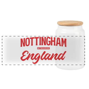 Nottingham England Script - Panoramic Cookie Jar with Wooden Lid - white - Front