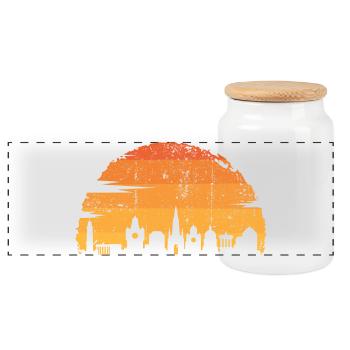 Golden Sunset Cityscape Silhouette - Panoramic Cookie Jar with Wooden Lid - white - Front