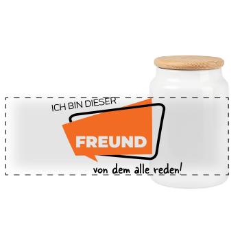 Ich bin dieser Freund von dem alle reden - Panorama Keksdose mit Holzdeckel - Weiß - Vorne