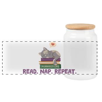 Reading and cats. Perfect life - Panoramic Cookie Jar with Wooden Lid - white - Front