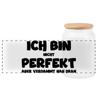 Ich bin nicht perfekt, aber nah dran! Funnyshirt - Panorama Keksdose mit Holzdeckel - Weiß - Vorne