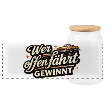 Wer offen fährt gewinnt Retro Cabrio Spruch - Panorama Keksdose mit Holzdeckel - Weiß - Vorne