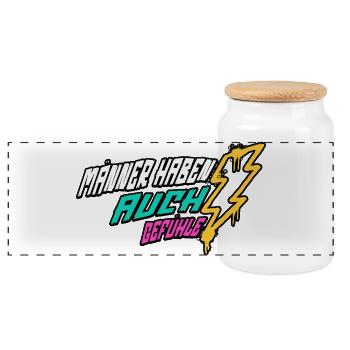 Retro-Blitz-Design Lustige Sprüche - Männergefühle - Panorama Keksdose mit Holzdeckel - Weiß - Vorne