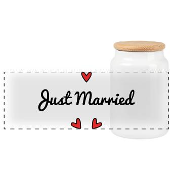 JUST MARRIED. Bachelorette party. VALENTINE'S DAY. COUPLE - Panoramic Cookie Jar with Wooden Lid - white - Front