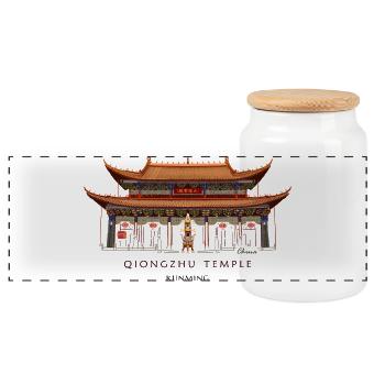 Temple Qiongzhu, Chine Dessin à la main - Boîte à biscuits avec couvercle en bois - blanc - Devant