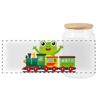 Green cartoon frog cheering with toy train - Panoramic Cookie Jar with Wooden Lid - white - Front