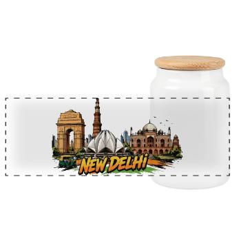 New Delhi Comic Skyline - Boîte à biscuits avec couvercle en bois - blanc - Devant