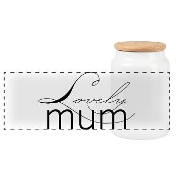Schriftzug Lovely Mum für die liebevolle Mutter - Panorama Keksdose mit Holzdeckel - Weiß - Vorne