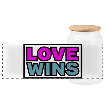 Love Wins Quote Graphic - Panoramic Cookie Jar with Wooden Lid - white - Front