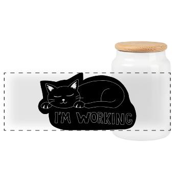Schlafende Katze bei der Arbeit - Panorama Keksdose mit Holzdeckel - Weiß - Vorne
