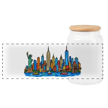 Bunte New York Skyline im Kinder-Kritzelstil - Panorama Keksdose mit Holzdeckel - Weiß - Vorne