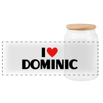 I Love Dominic Heart Graphic Name Gift - Panoramic Cookie Jar with Wooden Lid - white - Front