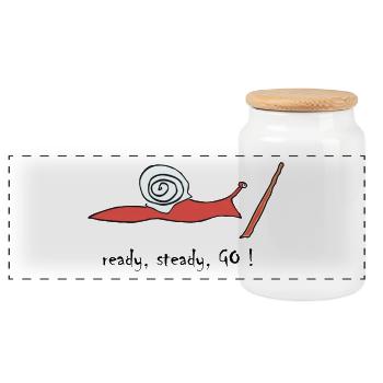 running snail -- ready, steady, GO ! - Panorama Keksdose mit Holzdeckel - Weiß - Vorne