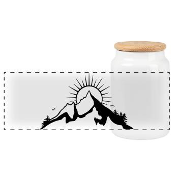 Grandes montagnes avec le soleil, la silhouette. - Boîte à biscuits avec couvercle en bois - blanc - Devant