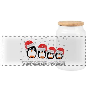 Weihnachten = Familie / X Mas / Pinguine / Schnee - Panorama Keksdose mit Holzdeckel - Weiß - Vorne