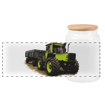 MB trac 1600 turbo mit Anhänger - Panorama Keksdose mit Holzdeckel - Weiß - Vorne