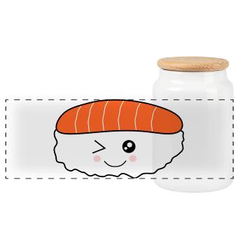Kawaii Rice Nigiri Salmon Fish, Rice Rolls - Panoramic Cookie Jar with Wooden Lid - white - Front