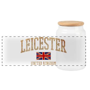 Leicester UK Vintage Emblem - Panoramic Cookie Jar with Wooden Lid - white - Front