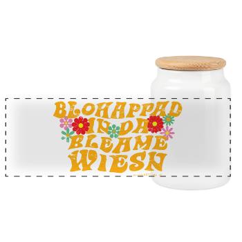 blohappad in da Bleamewiesn - barfuß, Blumenwiese - Panorama Keksdose mit Holzdeckel - Weiß - Vorne