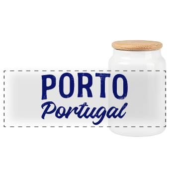 Porto Portugal Lettering - Panoramic Cookie Jar with Wooden Lid - white - Front