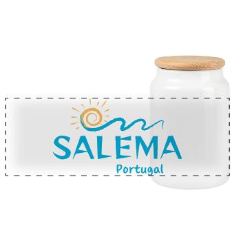 Salema Portugal-Coastal Wave Illustration - Panoramic Cookie Jar with Wooden Lid - white - Front