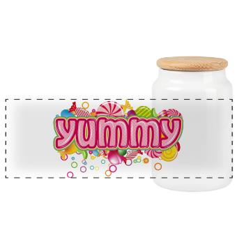 Yummy – Bonbonfarbene Typografie für Naschkatzen - Panorama Keksdose mit Holzdeckel - Weiß - Vorne