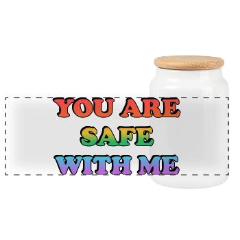 Tu es en sécurité avec moi texte arc-en-ciel LGBT espace sûr - Boîte à biscuits avec couvercle en bois - blanc - Devant