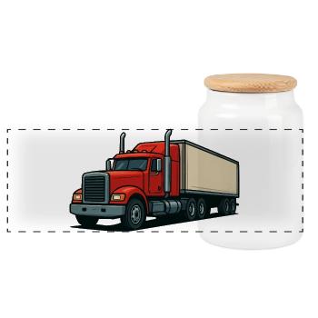 Red Truck Cartoon - Panoramic Cookie Jar with Wooden Lid - white - Front