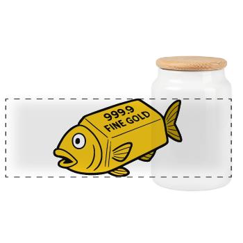 Comic Cartoon Goldfish Gold Bar Fine Gold Fish - Panoramic Cookie Jar with Wooden Lid - white - Front