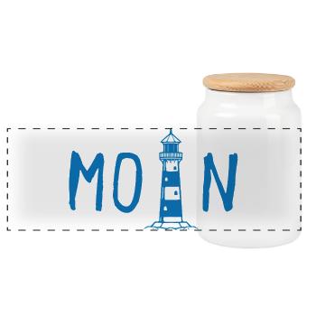 Moin mit Leuchtturm - Panorama Keksdose mit Holzdeckel - Weiß - Vorne