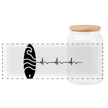 Surfboard Surfboard Surfer ECG Heartbeat - Panoramic Cookie Jar with Wooden Lid - white - Front