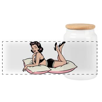 Retro Pin-up Lounge on Cushions - Panoramic Cookie Jar with Wooden Lid - white - Front