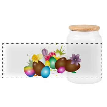 Des œufs de Pâques en chocolat avec des œufs et des fleurs colorés - Boîte à biscuits avec couvercle en bois - blanc - Devant