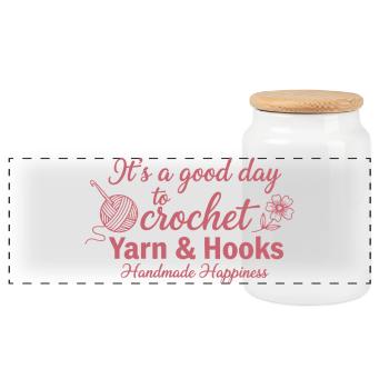 Its A Good Day To Crochet Yarn And Hooks Handmade - Panoramic Cookie Jar with Wooden Lid - white - Front