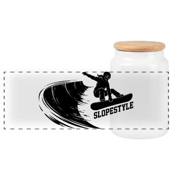 Slopestyle Snowboard Action in the Mountains - Panoramic Cookie Jar with Wooden Lid - white - Front