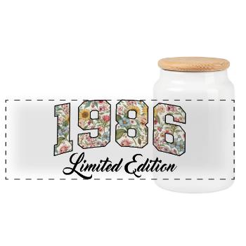 1986 Vintage Floral College Vintage Design - Panoramic Cookie Jar with Wooden Lid - white - Front