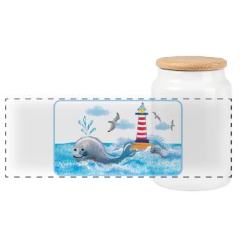 La baleine drôle au phare - Peint à la main - Boîte à biscuits avec couvercle en bois - blanc - Devant