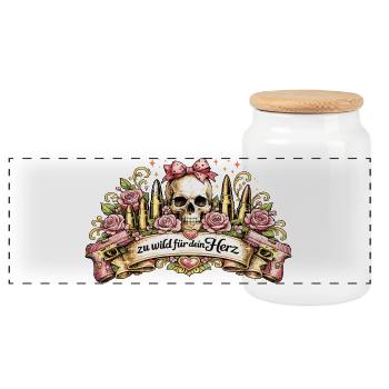 zu wild für dein Herz – Kugeln & Rosen Design - Panorama Keksdose mit Holzdeckel - Weiß - Vorne