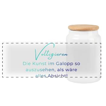 Voltigieren Galopp – Lustiger Spruch für Voltis - Panorama Keksdose mit Holzdeckel - Weiß - Vorne