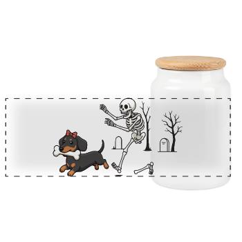Dackel und Skelett Halloween-Jagd - Panorama Keksdose mit Holzdeckel - Weiß - Vorne