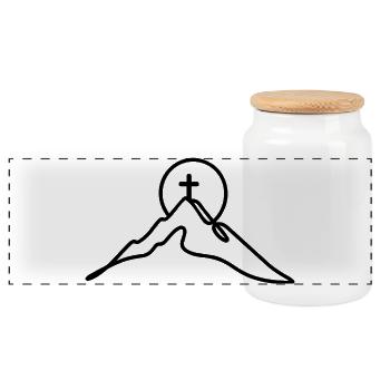 Minimalist mountain peak with summit cross - Panoramic Cookie Jar with Wooden Lid - white - Front