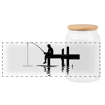 Fisherman Silhouette Nature Minimalist - Panoramic Cookie Jar with Wooden Lid - white - Front