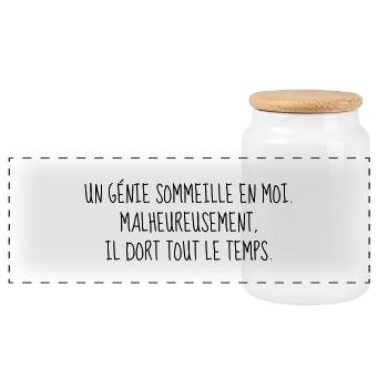Génie - Citation - Humour - Comique - Fun - Drôle - Boîte à biscuits avec couvercle en bois - blanc - Devant