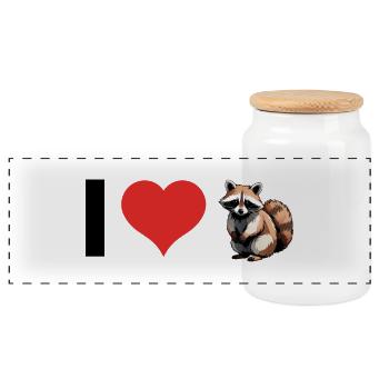 I love Raccoons - Cute Pet Sticker - Panoramic Cookie Jar with Wooden Lid - white - Front