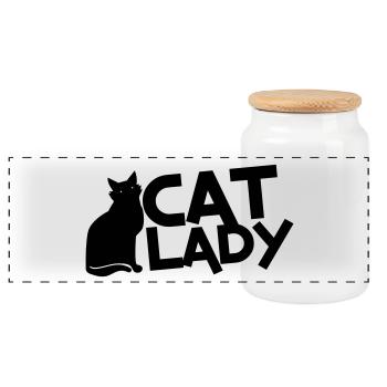 CAT LADY with black cat and yellow eyes! - Panoramic Cookie Jar with Wooden Lid - white - Front
